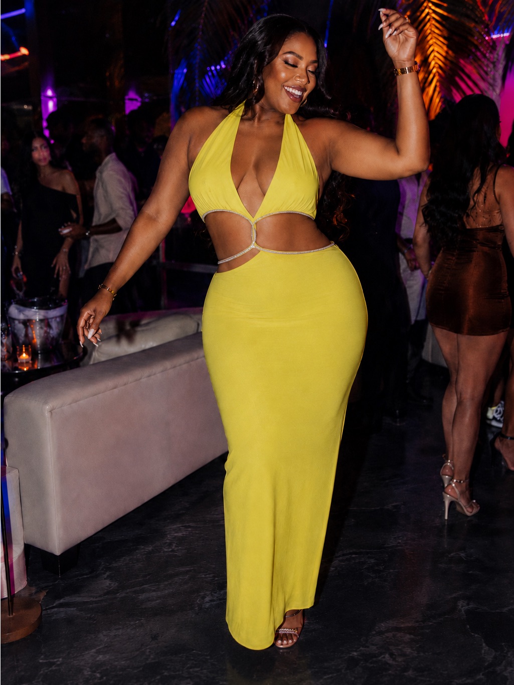 Nwt Meshki Nicha Diamante Cut Out Maxi Dress Yellow